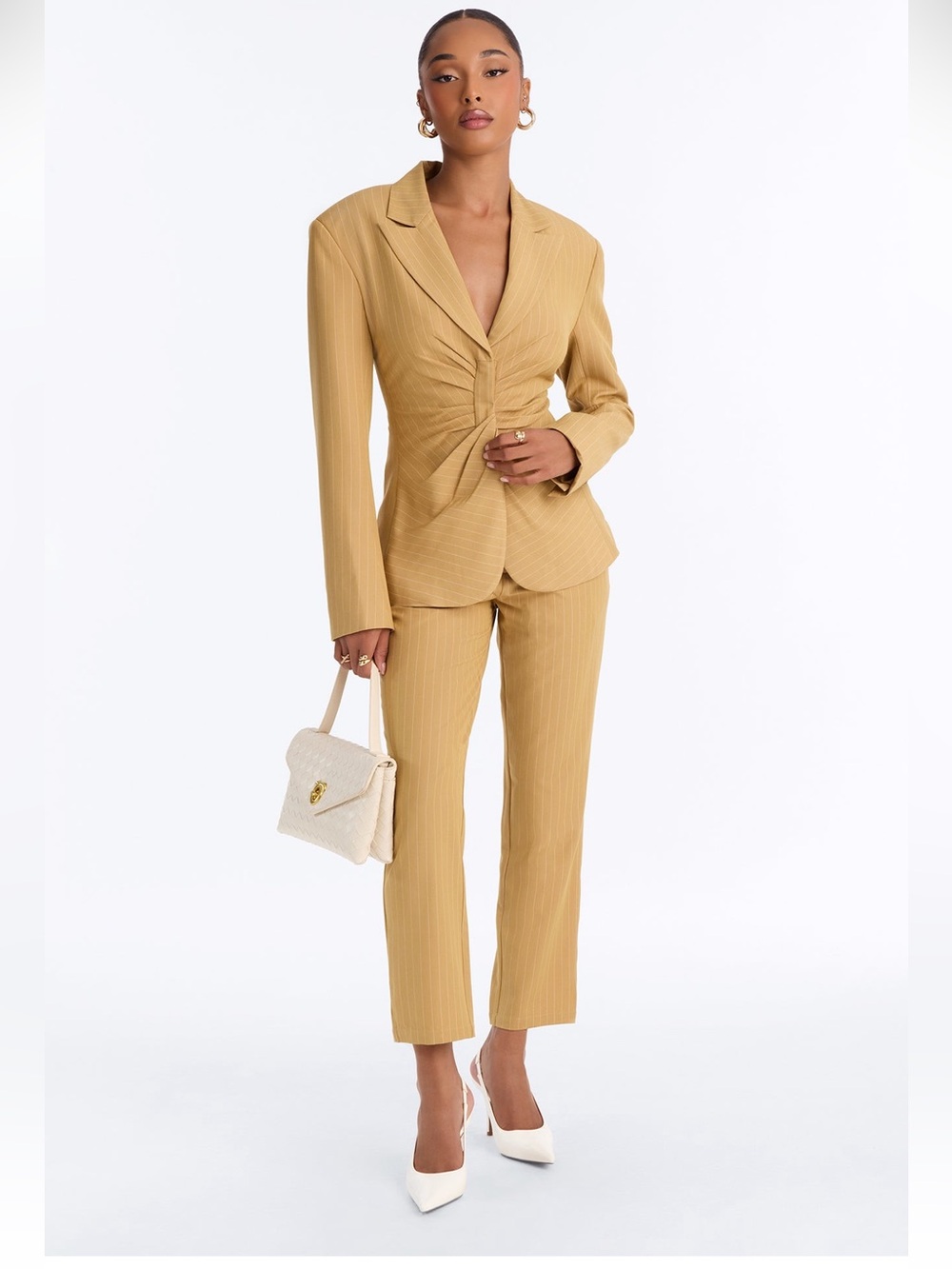 Fashion Nova Women's Mustard Pinstripe Suit Pants Set